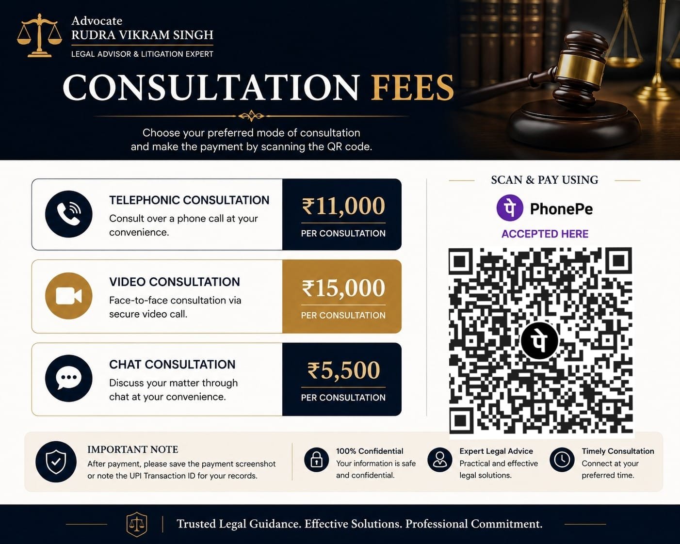 Consultation fees for Advocate Rudra Vikram Singh showing telephonic consultation ₹11,000, video consultation ₹15,000, chat consultation ₹5,500, with PhonePe QR code for secure online payment."