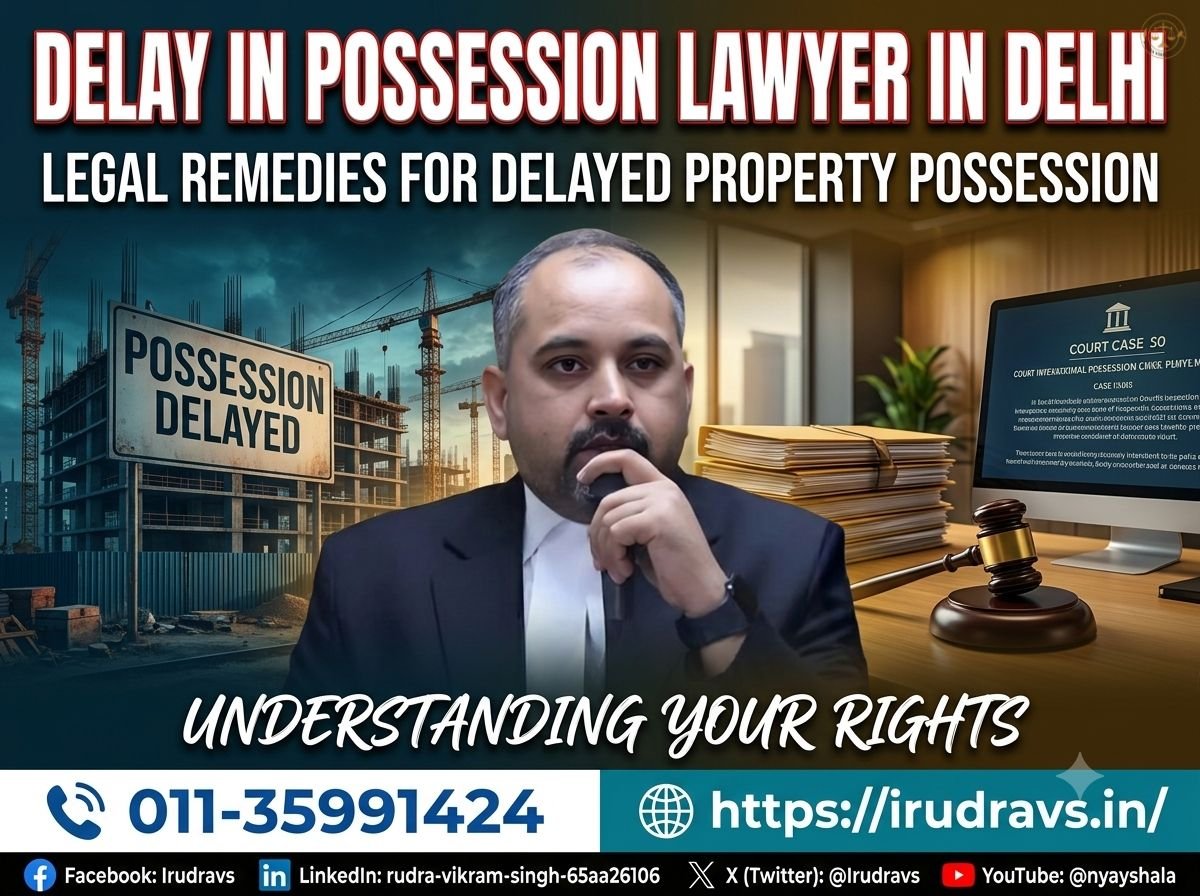 Legal remedies for delayed property possession in Delhi, RERA lawyer Delhi, delay in possession lawyer in Delhi, builder possession delay case, homebuyer rights under RERA Section 18, property dispute advocate Delhi NCR, delayed flat possession compensation, real estate litigation lawyer Delhi, builder refund claim, RERA complaint against builder, property possession legal notice, Advocate Rudra Vikram Singh handling delayed possession cases in Delhi, Noida, Greater Noida, Ghaziabad, Gurgaon and NCR.