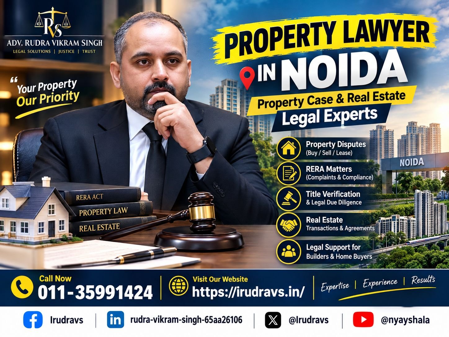 Property Lawyer in Noida Advocate Rudra Vikram Singh handling RERA litigation, builder buyer disputes, property fraud cases, title verification, delayed possession claims, NRI property disputes, land litigation, partition suits, real estate legal consultation in Noida, Greater Noida, Delhi NCR, UP RERA advocate, property dispute lawyer, real estate litigation expert.