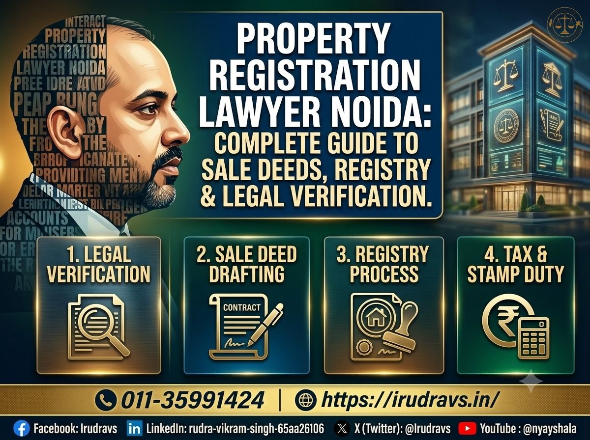 Property Registration Lawyer Noida assisting with sale deed drafting, property registration, title verification, stamp duty calculation, registry process, legal due diligence, property verification, real estate documentation, Noida Authority compliance, Greater Noida property transfer, encumbrance checks, ownership verification, registry lawyer services in Noida and Greater Noida.