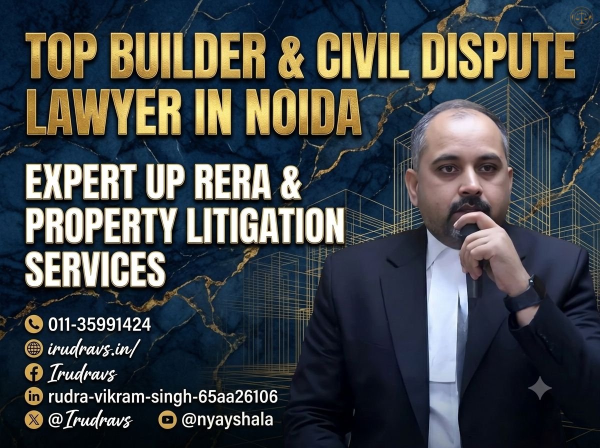 Top Builder & Civil Dispute Lawyer in Noida providing expert legal services for UP RERA complaints, builder-buyer disputes, delayed possession cases, property litigation, title disputes, construction defect claims, real estate legal consultation, Noida Authority disputes, GNIDA matters, and property rights protection across Noida, Greater Noida, Greater Noida West, Noida Extension, Yamuna Expressway, and Delhi NCR.